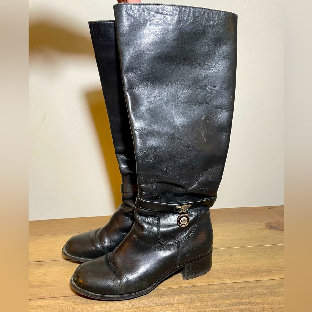 Michael Kors knee high black leather women’s riding boots with MK logo size 6.5